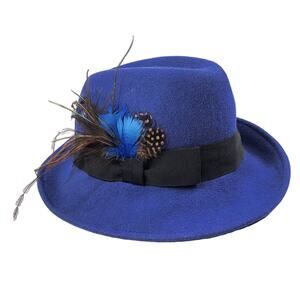 Uno Alla Volta Feather Blue Felt Fedora Hat Vintage Rare Made in USA